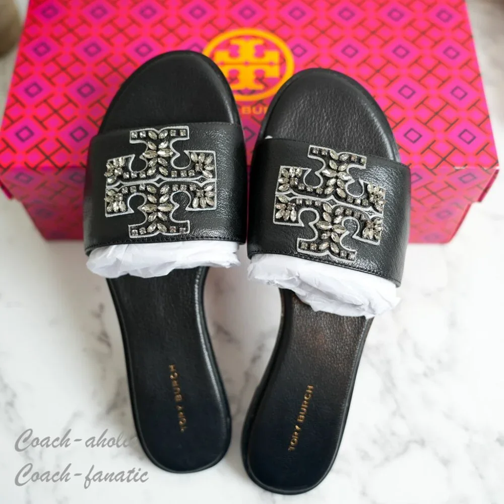 NIB Tory Burch Everly Embellished Crystal Logo Flat Slide Sandal Black Leather